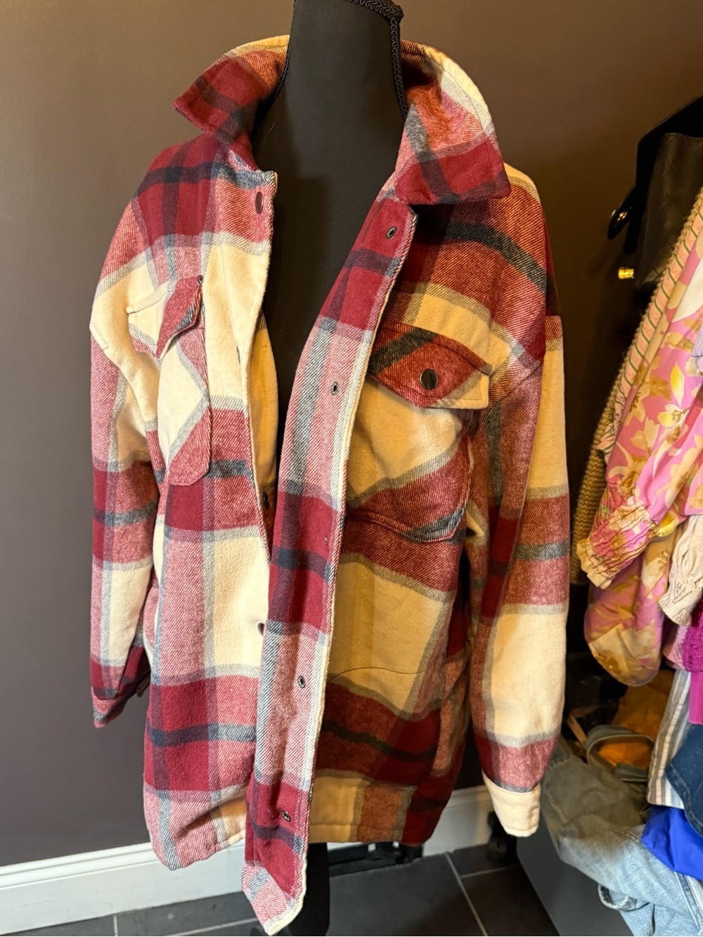 Button-Down Plaid Shacket in Red and Cream
